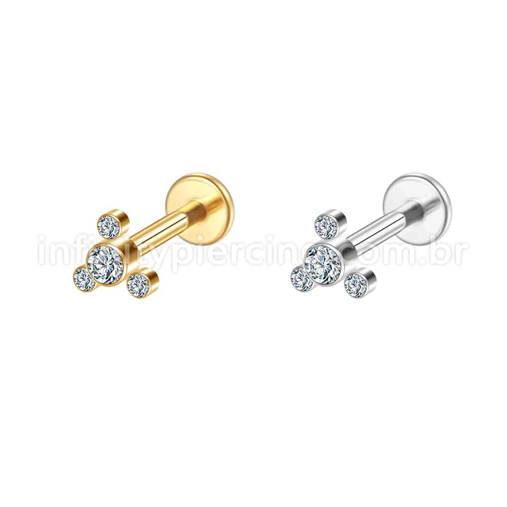 Piercing Labret Aço Cirúrgico 4 Zircônia Cravada